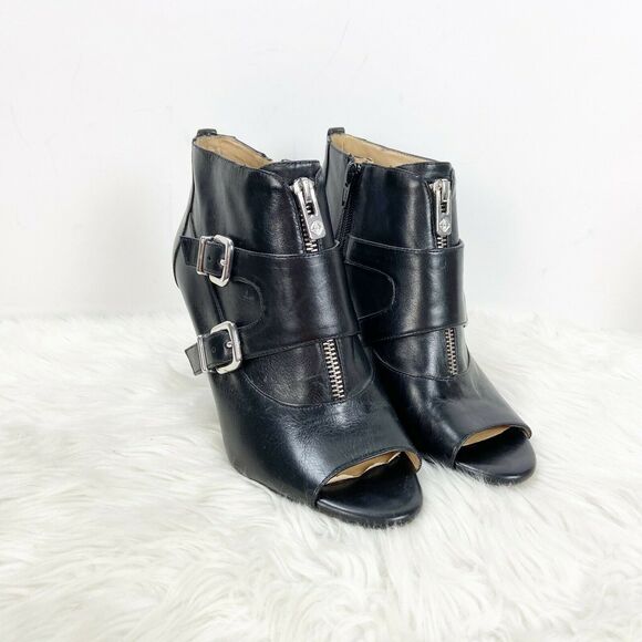 Antonio Melani 7 M Womens Black Leather Double Buckle Peep Toe Ankle Booties - Picture 1 of 10